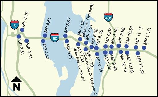 Graphic of the I-90 corridor from Seattle to Bellevue with the locations of ATDM gantries identified.